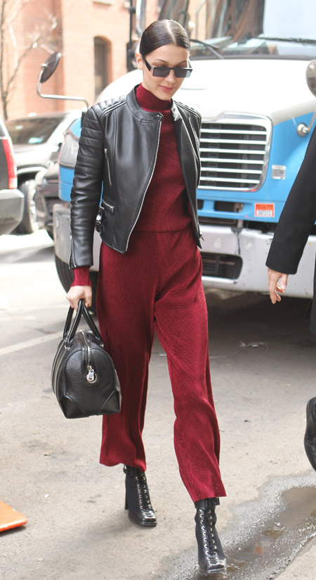 Leather jacket/ timeless bag/ red jumpsuit : the style combo