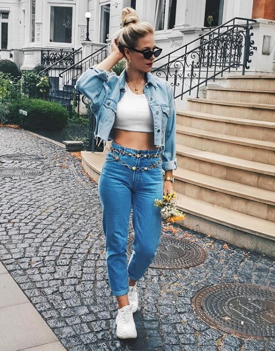 denim jacket and crop top outfit